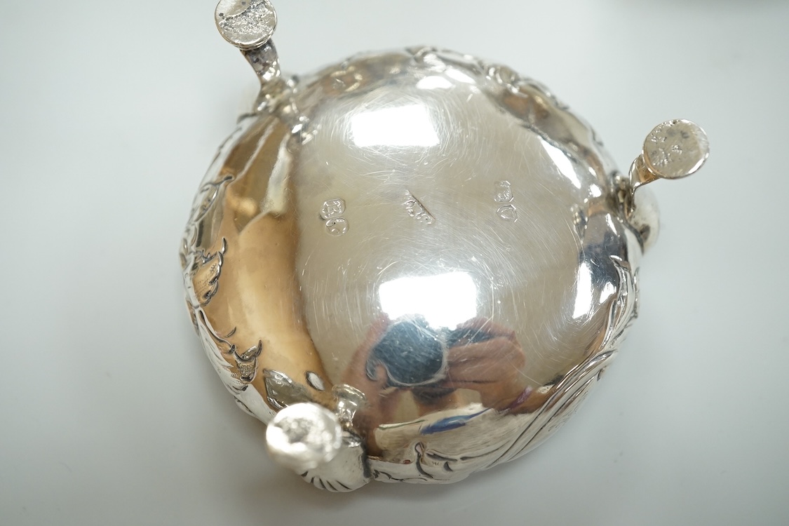 A Victorian silver drum mustard pot, a pair of later silver mustard pots and two silver salts including Victorian.